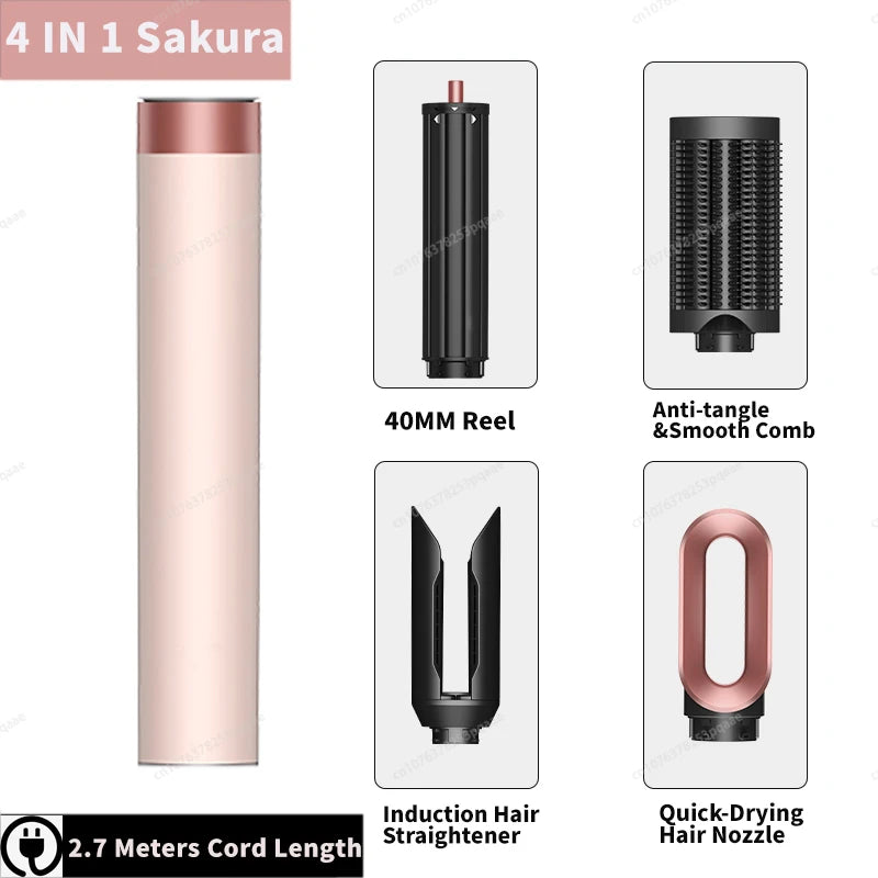 Sencimen X19 4-in-1 Sakura pink hair styler with auto-curler, straightener, round brush, and quick-dry nozzle.