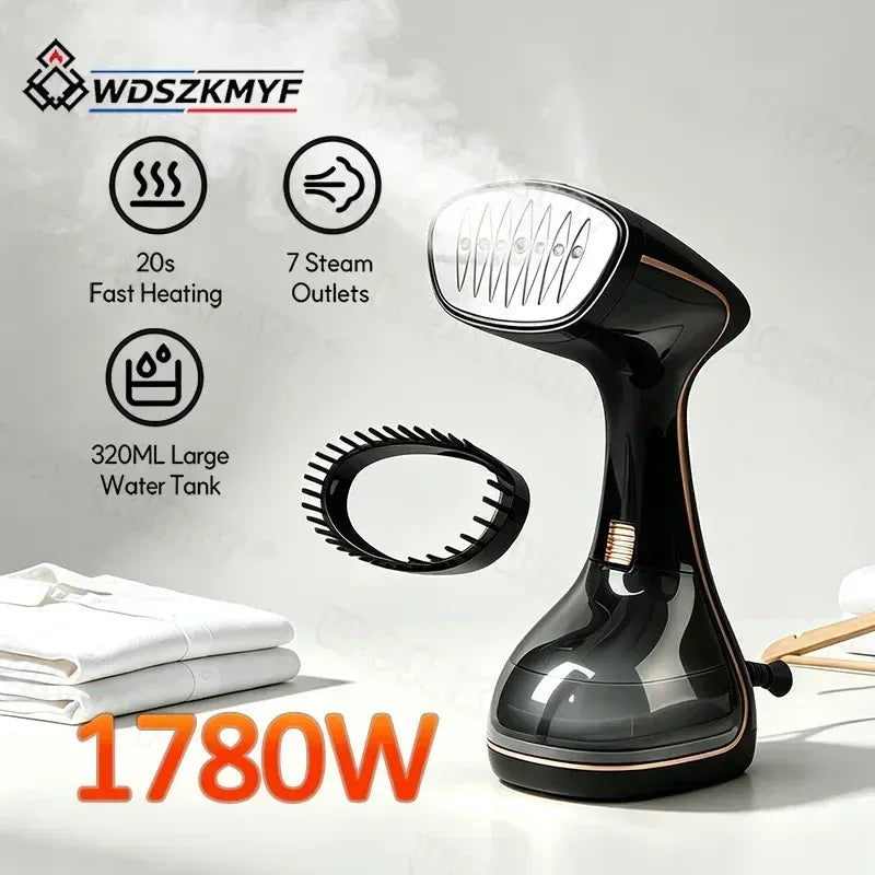 Handheld garment steamer in black with rose gold trim, releasing powerful steam for fast wrinkle removal on clothes.