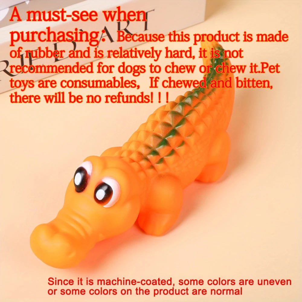 Orange squeaky rubber crocodile dog toy for interactive play and fun pet games.