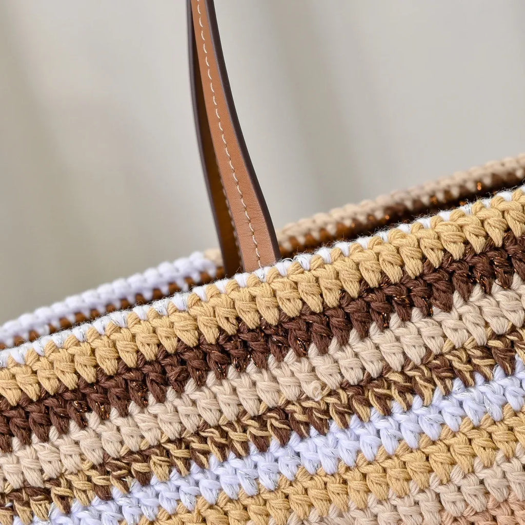 Fashion Woven Straw Tote Large Capacity Beach Resort Style Bag Women Contrast Stripes Shoulder Handbag Luxury Designer