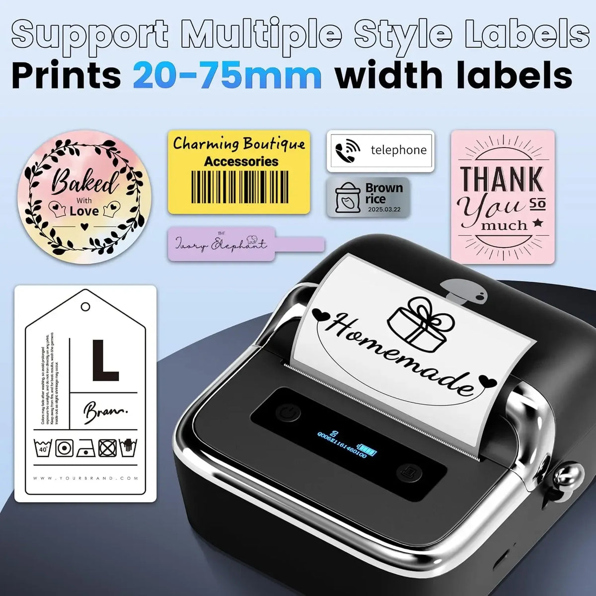 Compact thermal label printer printing a label on a white label sheet