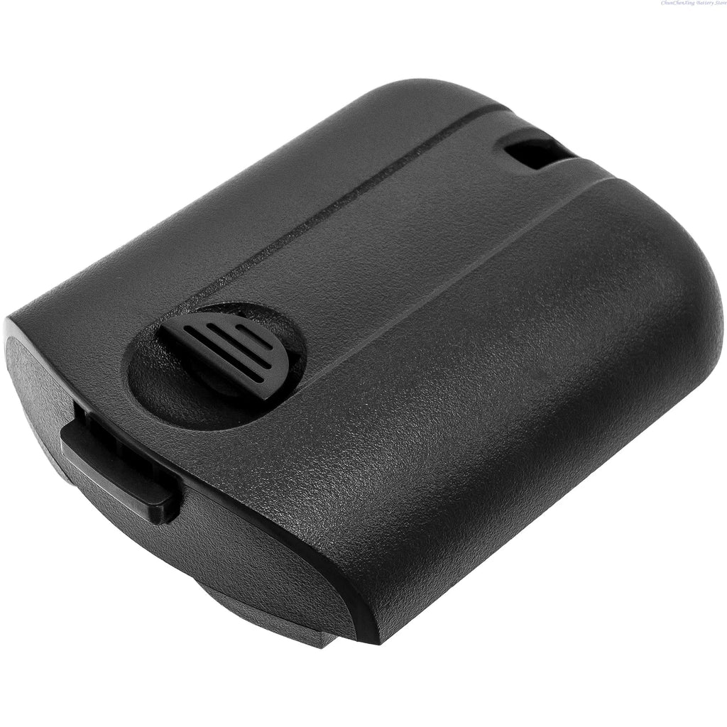 Black battery pack close-up with vent grille and latch notch