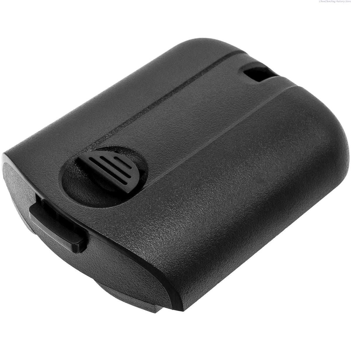 Black battery pack close-up with vent grille and latch notch