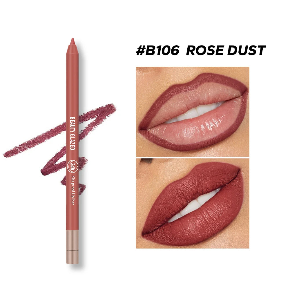 Waterproof matte lip liner in Rose Dust, showing pencil, swatch, and lip application for a plump, long-wear finish.
