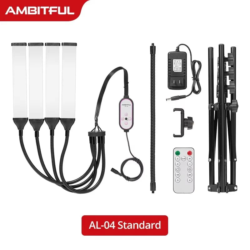 AL-04 LED video light kit with four flexible arms, power adapter, remote control, and collapsible tripod stand.