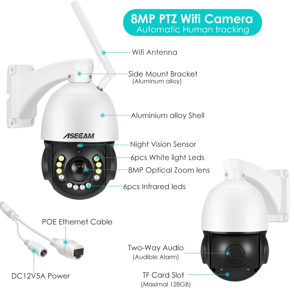 8MP 4K PTZ IP Camera Wifi 30X Optical Zoom CCTV Outdoor AI Human Vehicle Tracking Audio Onvif POE Surveillance Camera
