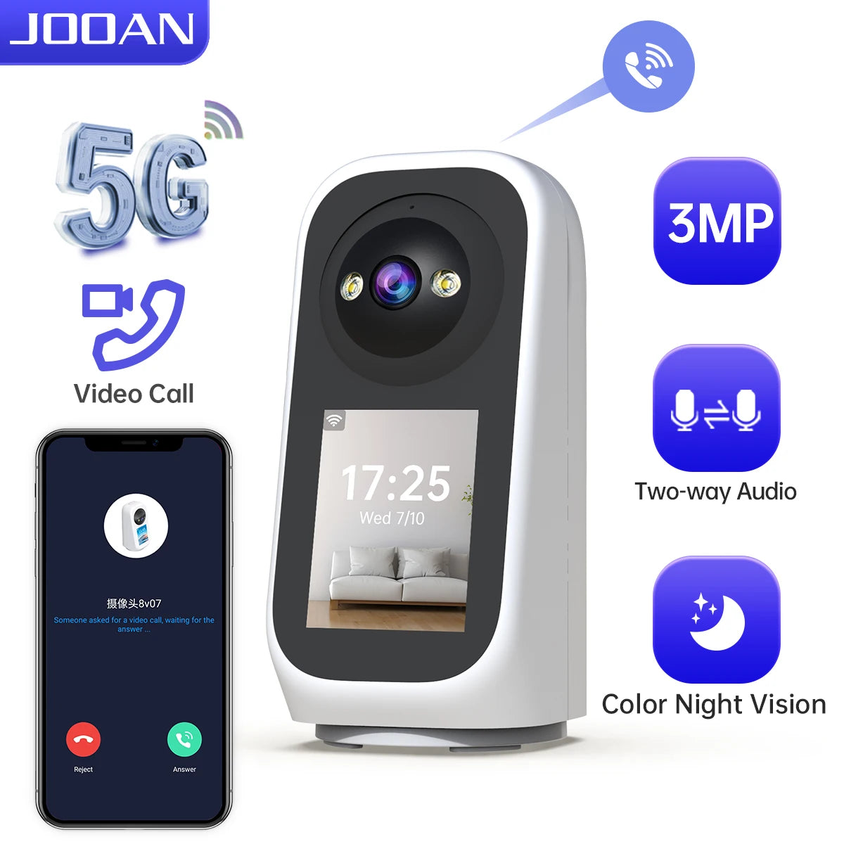 JOOAN 3MP PTZ 5G Wifi Camera HD 2.8” Touch Screen Baby Monitor Color Night Two Way Audio Wireless Smart Home Security Camera