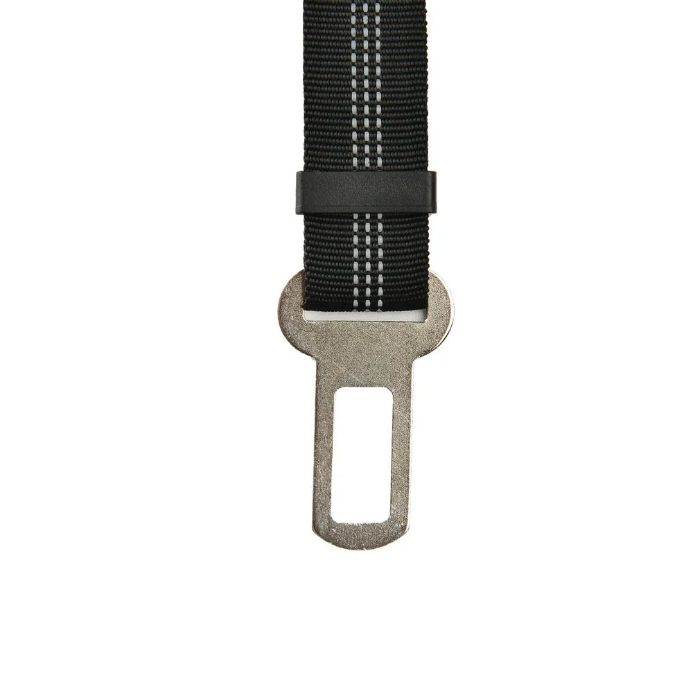 Adjustable black reflective dog car seat belt for safe travel. Durable elastic leash for all dog sizes.