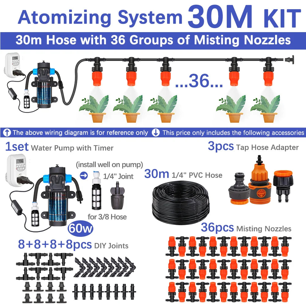 30-5M 60W Self-priming Pump with Timer Misting Cooling System Adjustable 0-25L/H Atomization Sprayer Garden Irrigation Watering
