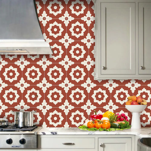 Peel-and-stick Moroccan tile stickers, red background with white quatrefoil flowers.