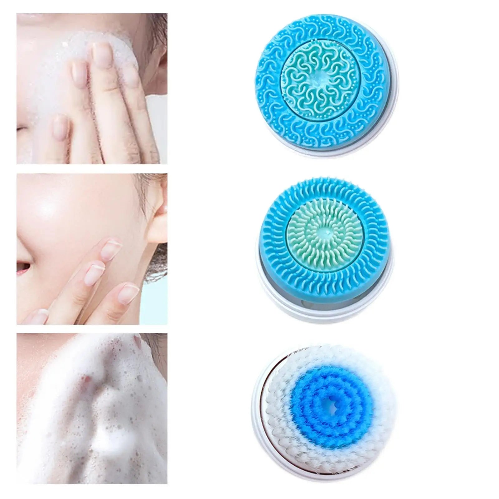 Three circular facial cleansing brush heads: two blue silicone styles and one soft white bristle brush with blue center.