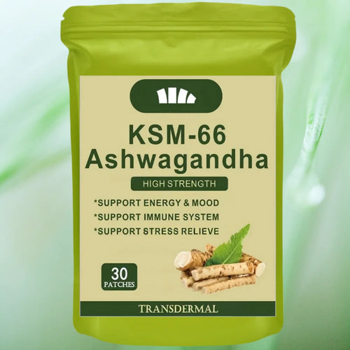 Green 30-patch bag of KSM-66 Ashwagandha supplement for stress relief and adaptogen support.
