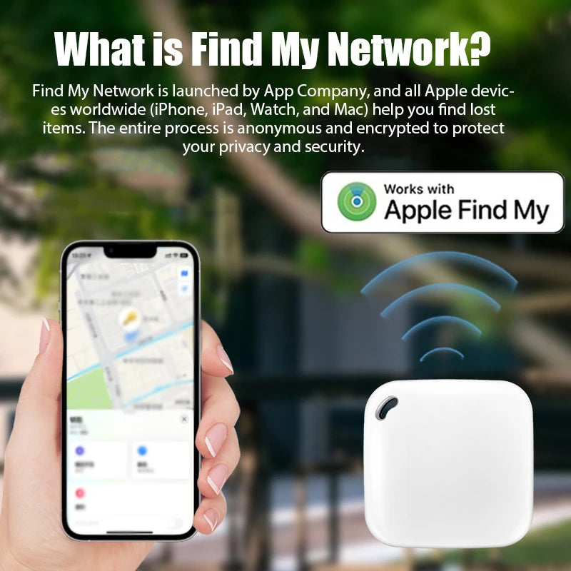 White smart GPS tracker for pets and keys, works with Apple Find My app for accurate global location tracking.