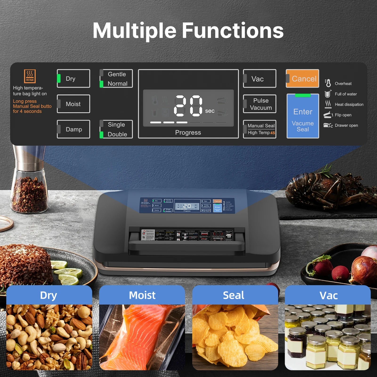 Food Vacuum Sealer Machine with Dry/Wet Pumping/Sealing for All Food Storage 85kPa Suction Power Food Bag Sealer Built-in