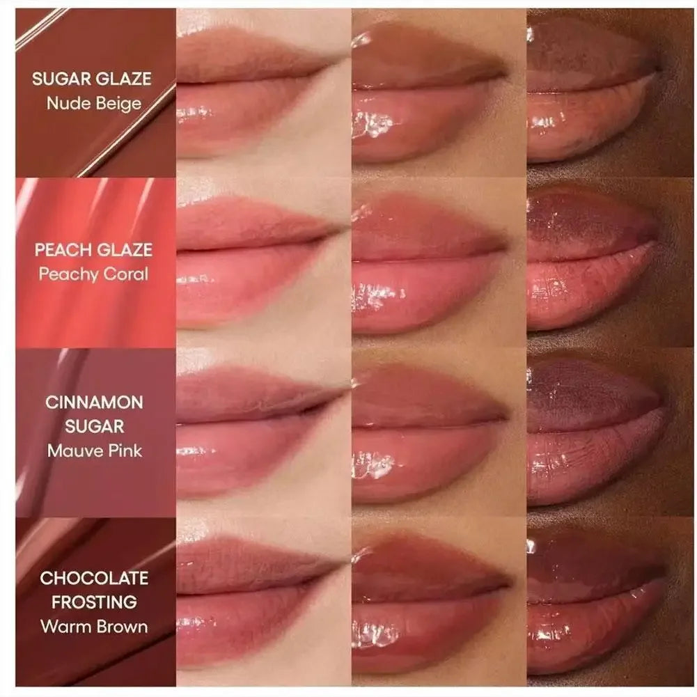 Laneige Lip Glowy Balm shades showing glossy, hydrating textures in beige, coral, pink, and brown on various skin tones.