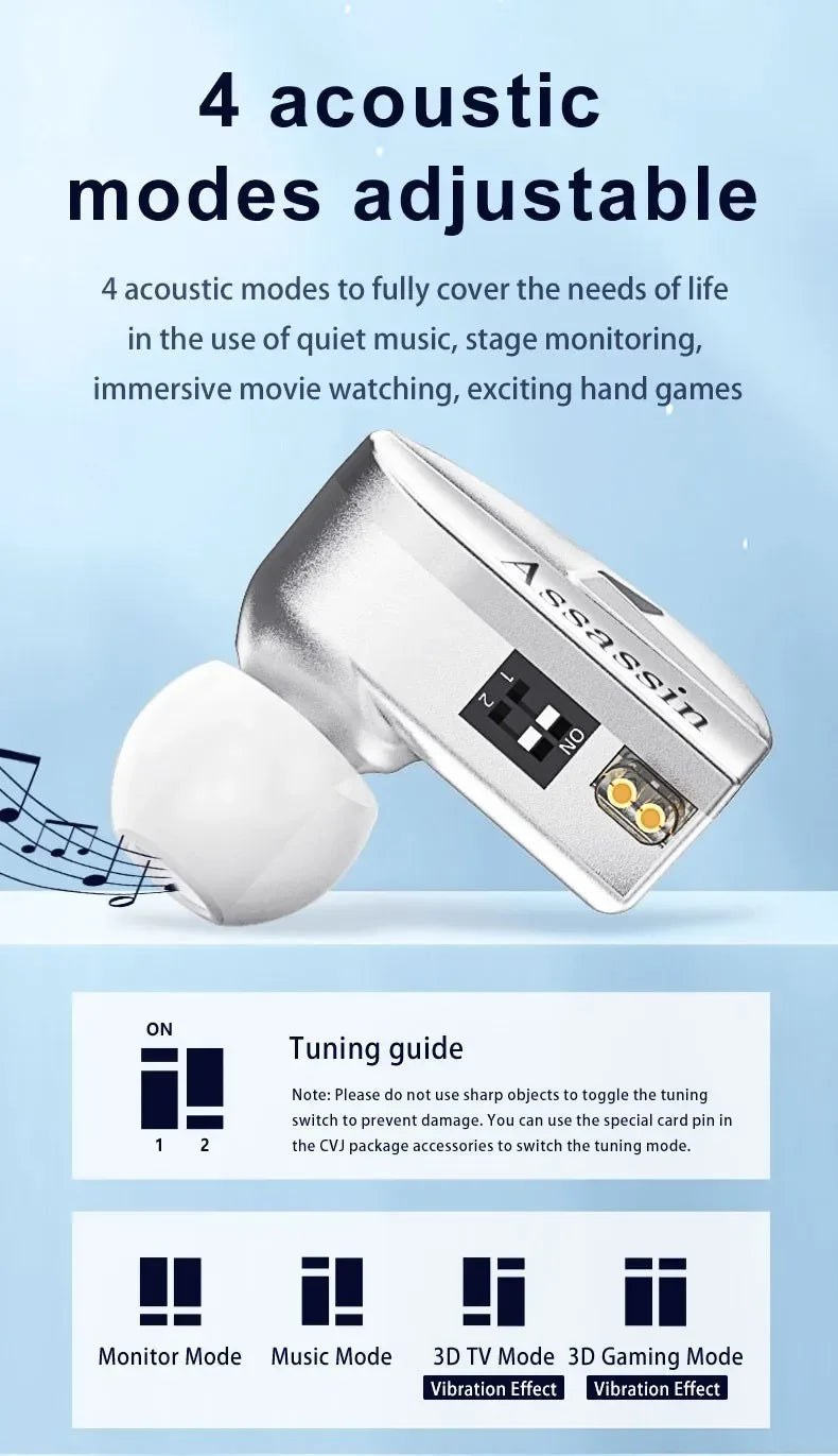 CVJ Assassin Silver in Ear Earphones 1BA+1DD+1Vibrate Game Mode HIFI Microphone Hybrid Tuning Switch Wired Earbuds IEM Headphone Tidesmit
