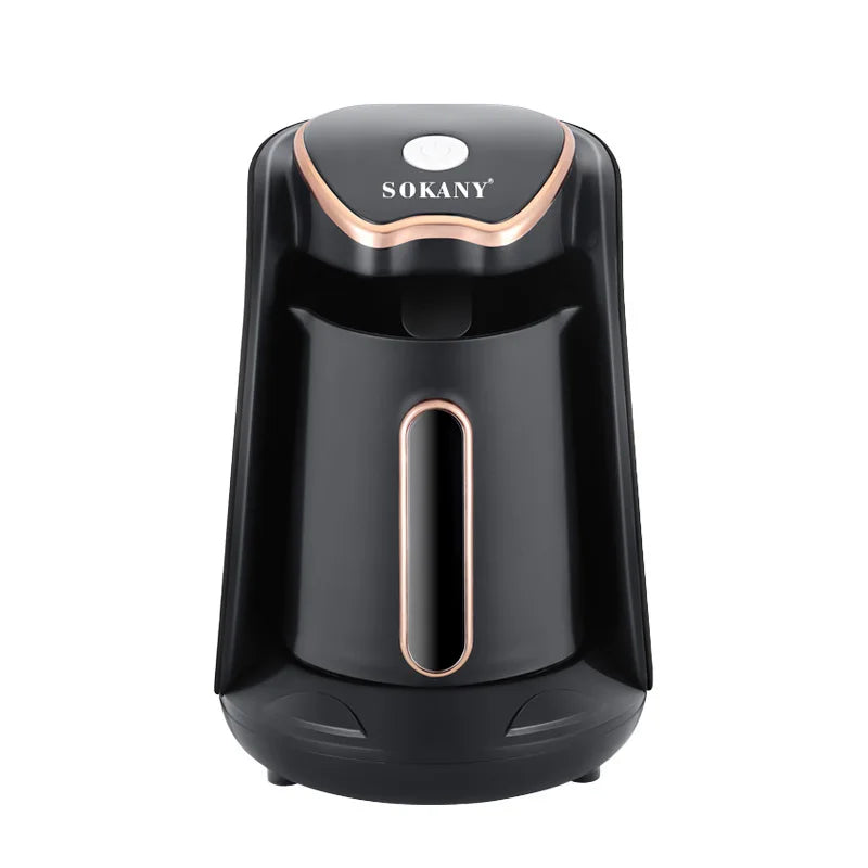 Sokany black and rose gold electric Turkish coffee maker with sleek modern design and single-button control.