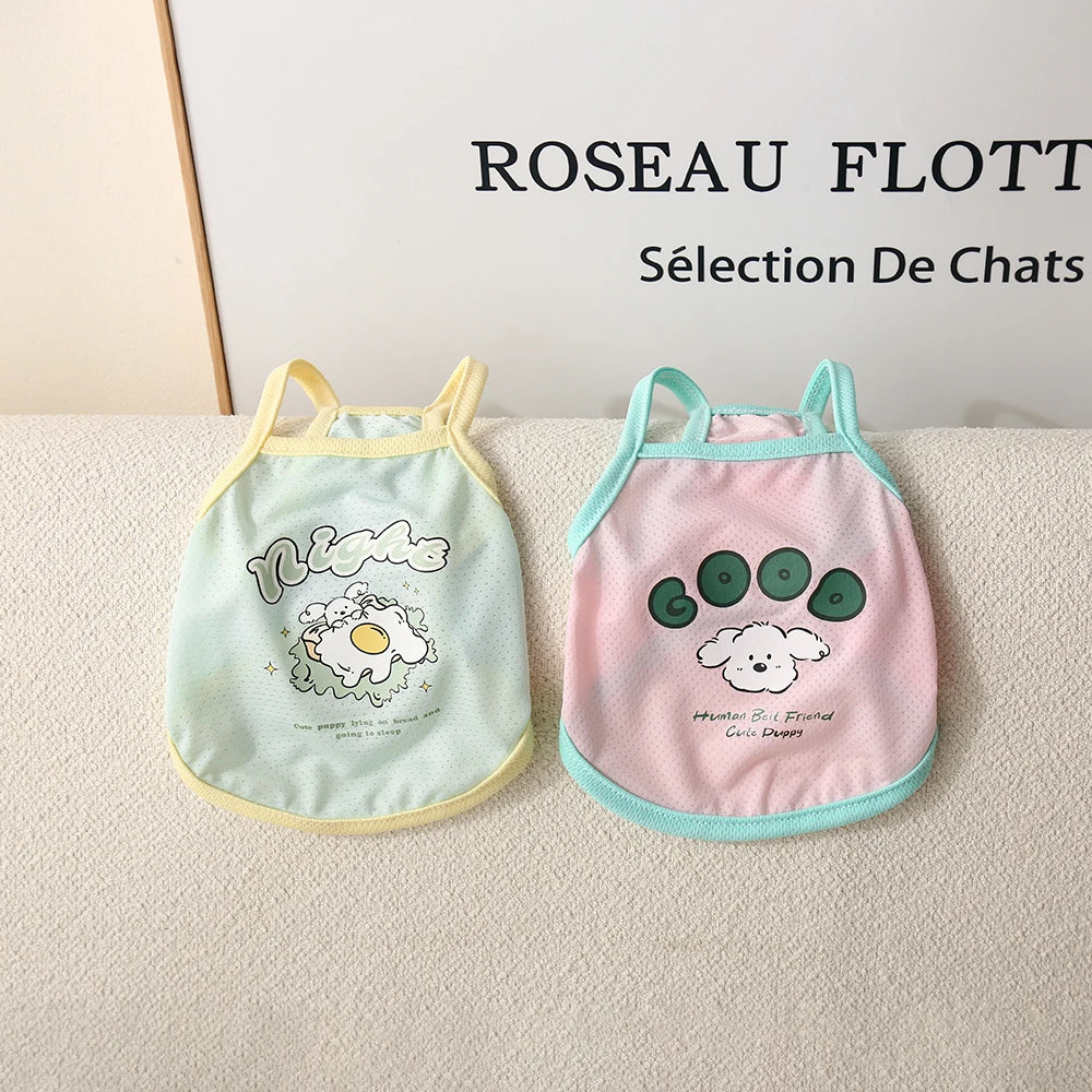 Breathable ice silk pet suspender shirts in pastel pink and blue for cats and dogs to stay cool in summer.