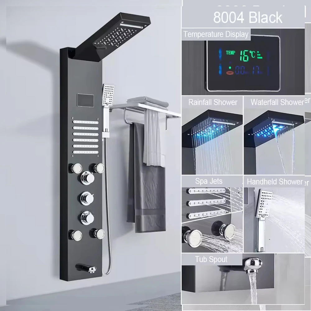 LED Shower Panel Waterfall Rain Digital Display Shower Faucet Set SPA Massage Jet Bathroom Column Mixer Tap Tower System