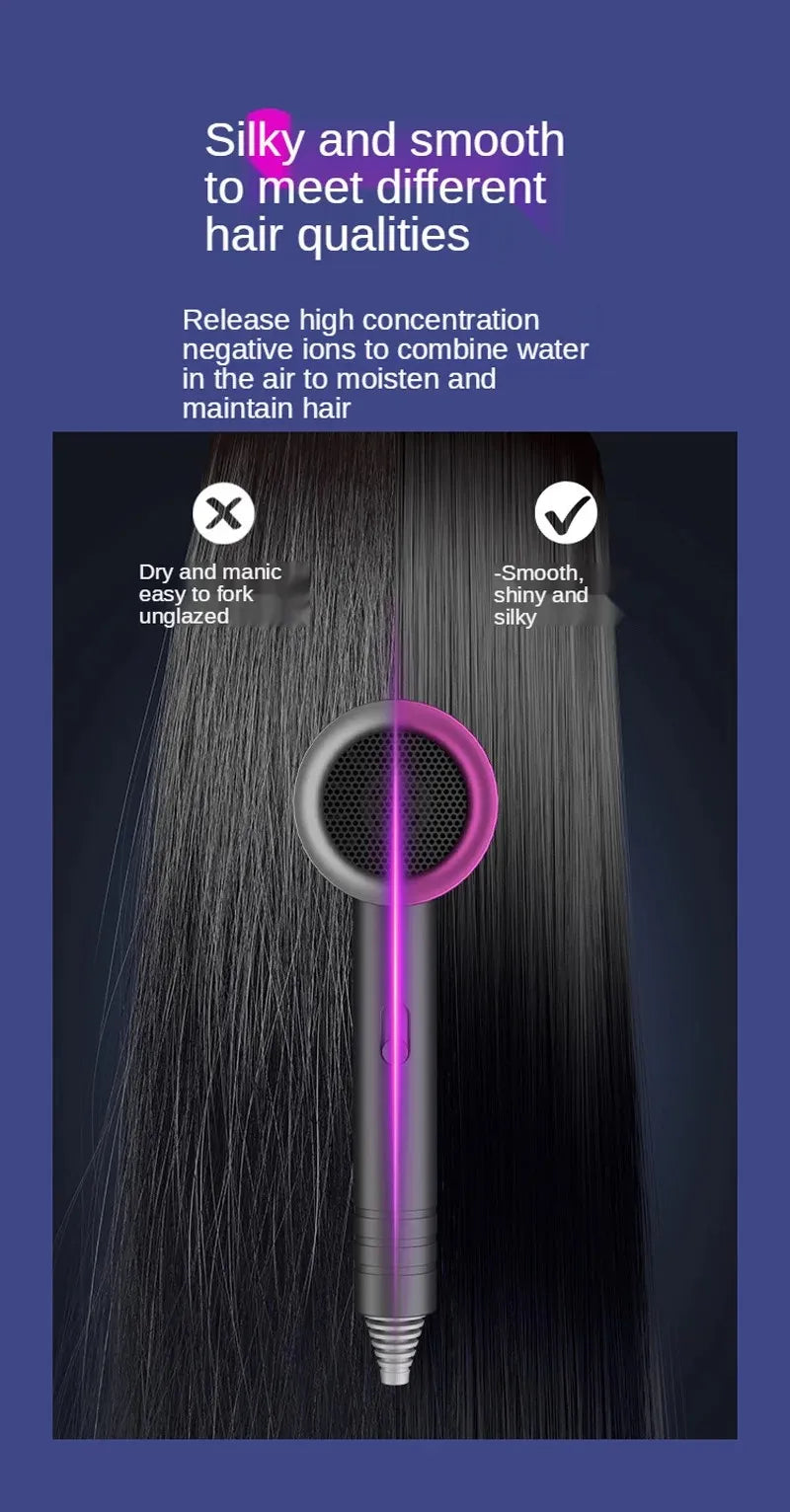 Professional high-speed hair dryer with negative ion technology for smooth, shiny, and frizz-free hair.