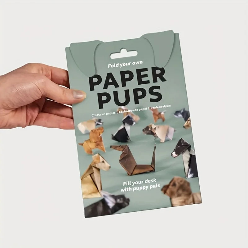 Paper Pups origami kit for making DIY paper dogs. Perfect cat and dog lover gift for handmade home desk decor.