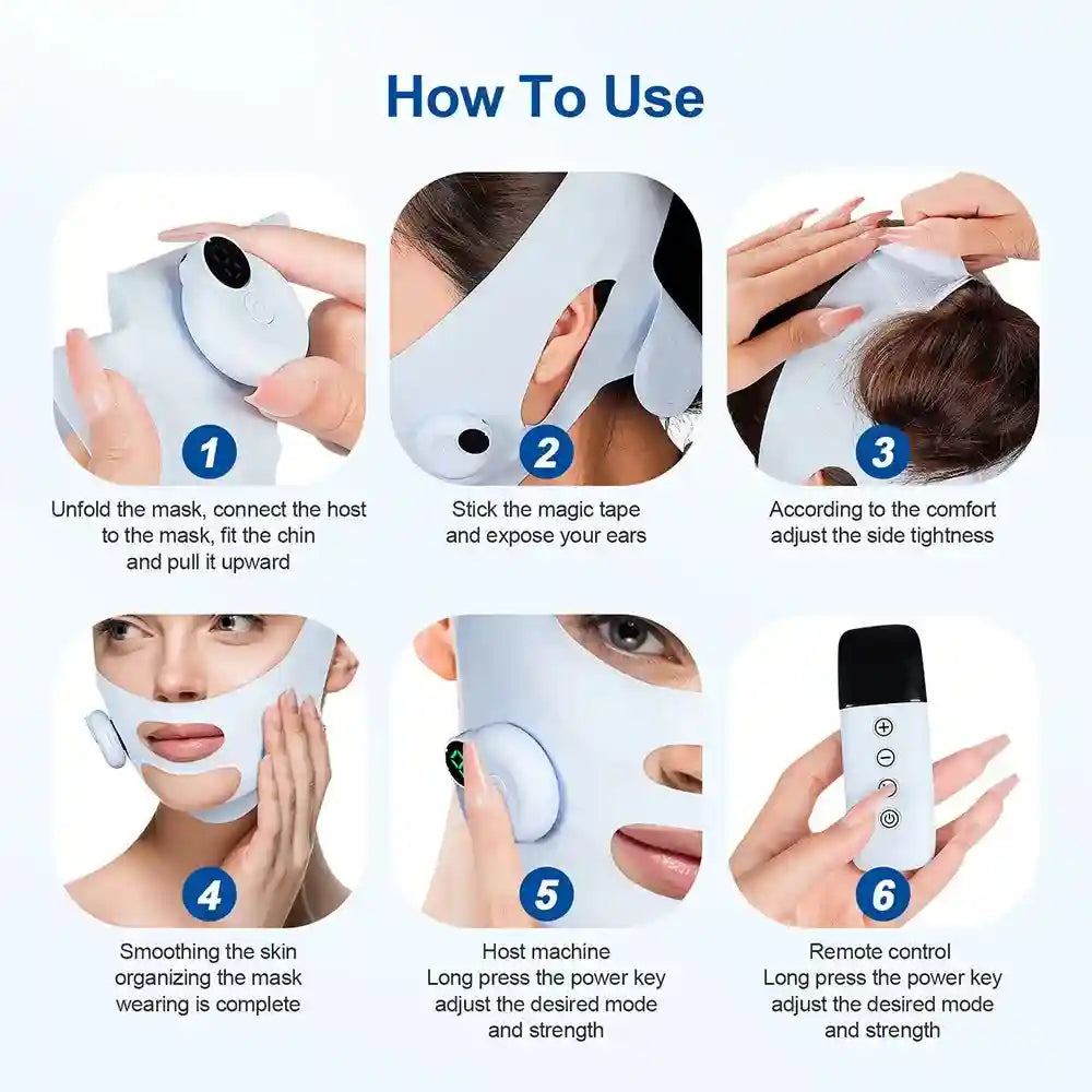 Six-step instructional graphic for a light blue EMS V-line facial lifting strap, showing application and remote control.