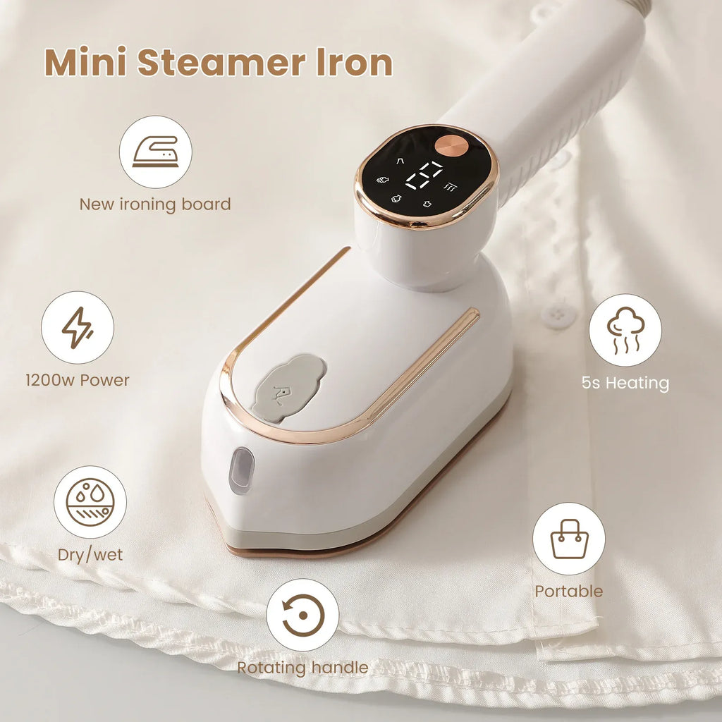 Mini steamer iron for clothes, portable 1200W dry and wet garment steamer with digital display and rotating handle.