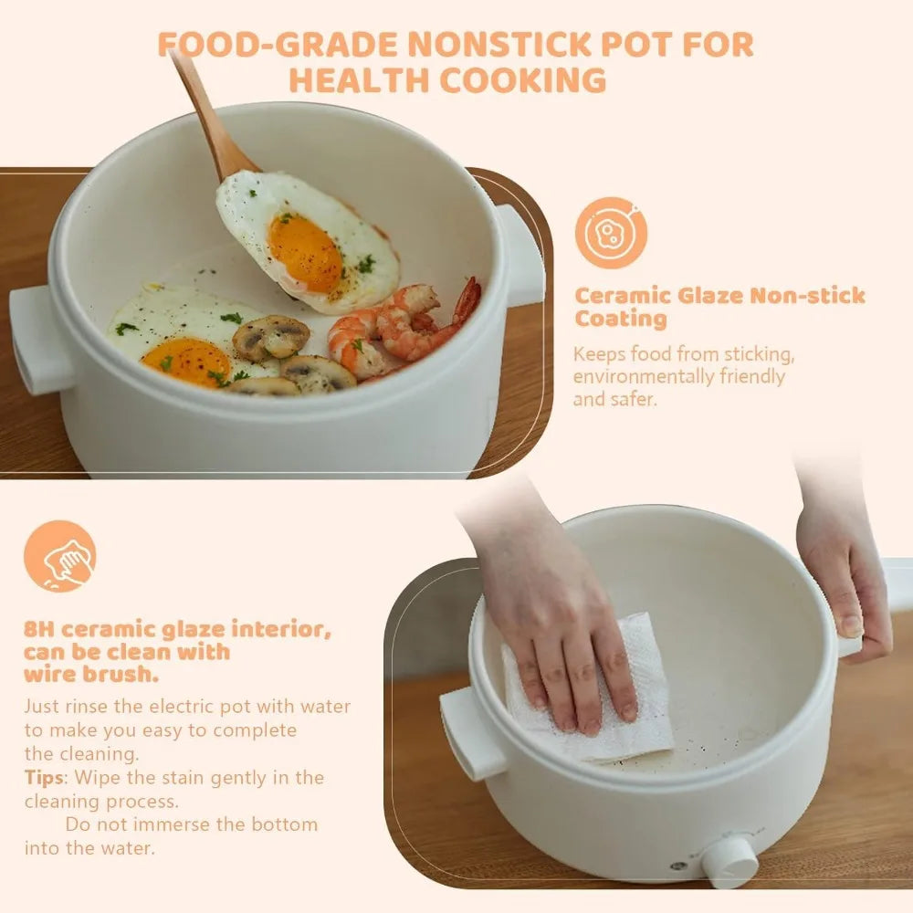 Ceramic nonstick electric hot pot with cooked food inside and wooden spoon