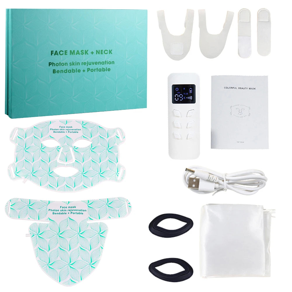 8-color LED face and neck mask set for anti-aging, acne, and skin rejuvenation with remote and USB charging cable.