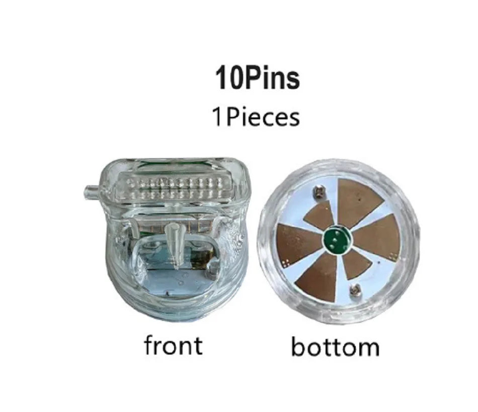 10-pin RF microneedle cartridge for portable skin tightening machine, showing front and bottom views for face lifting.