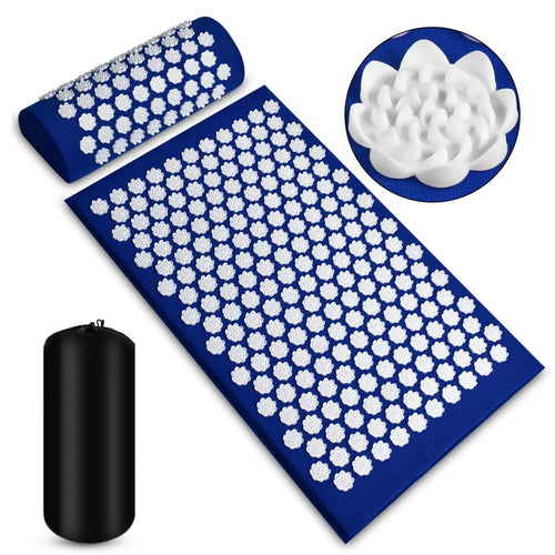 Acupressure massage mat and pillow set for back pain relief, side view of blue smart yoga mat with flower spike design.