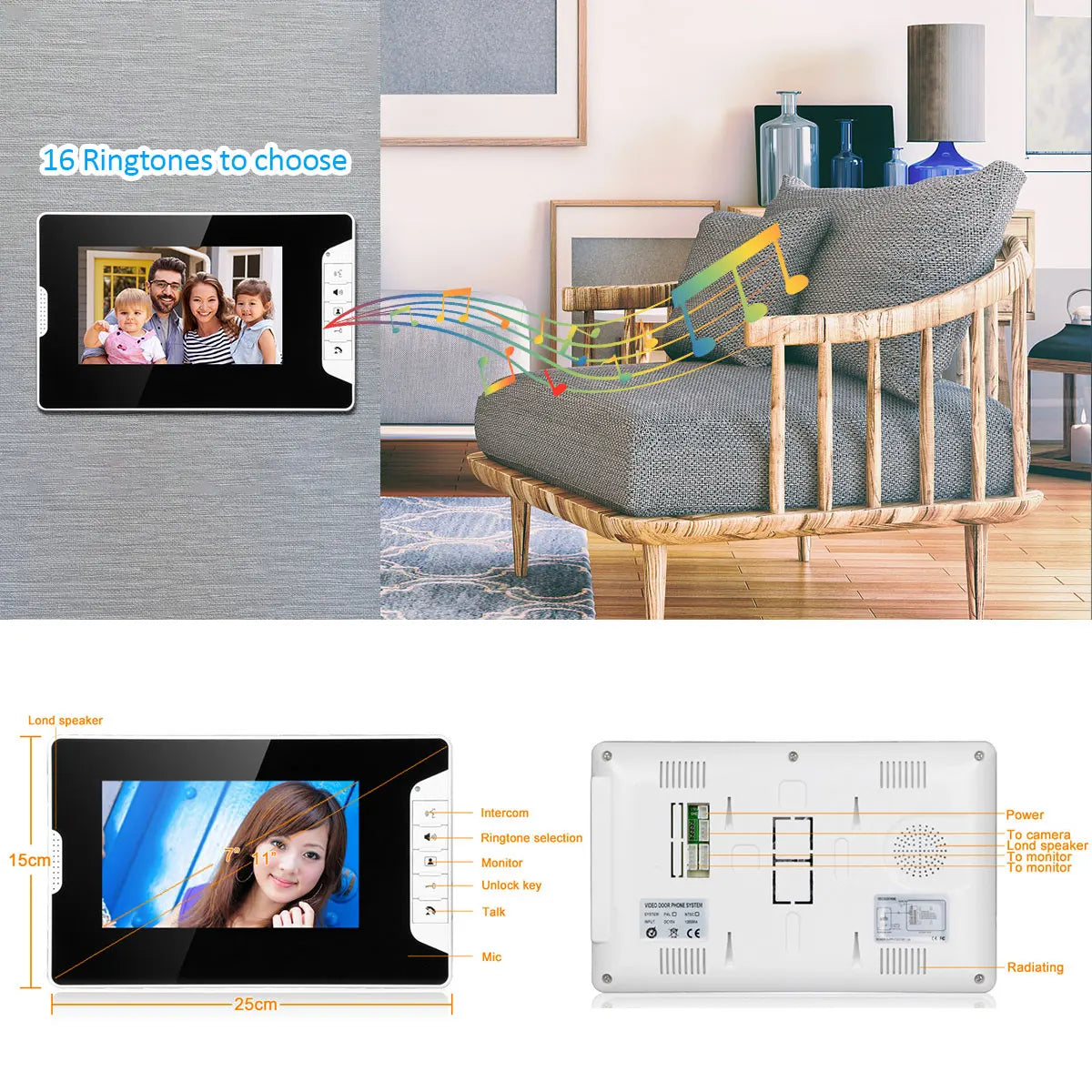 New 7 inch Video Doorbell Monitor Video Intercom With 1200TVL Weatherproof Outdoor Camera IP65 Door Phone Intercom System