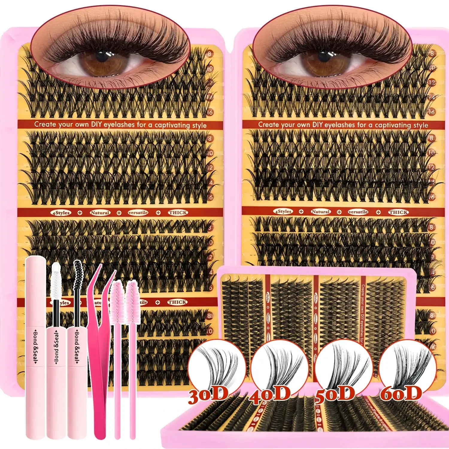 720/200pcs eyelash Extension Kit Fluffy Eyelash Extension kit with Lash Bond and Seal Lash Tweezers Thick Lash Clusters Wispy False Eyelashes 800Pcs 30405060D KIT Tidesmit