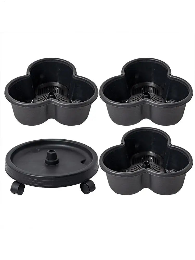 Three dark flower-shaped planter cups plus round lid with center hole and wheels