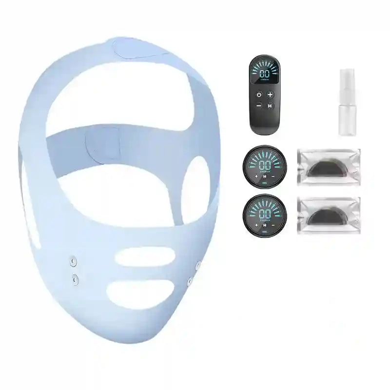 Light blue V-line facial lifting strap with remote, two control modules, spray bottle, and two gel pad packets.