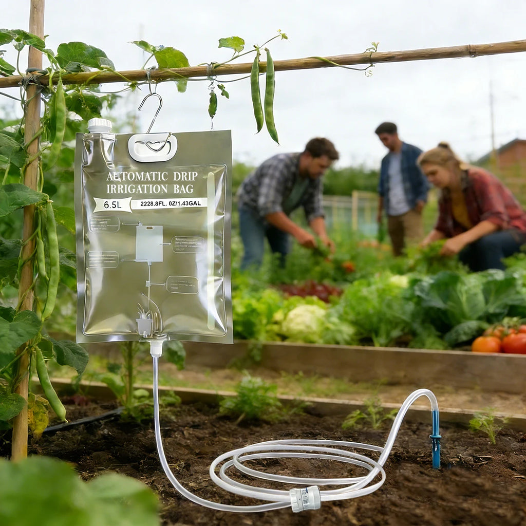 Automatic drip irrigation watering bag with clear pouch and white hose lines, outdoor garden