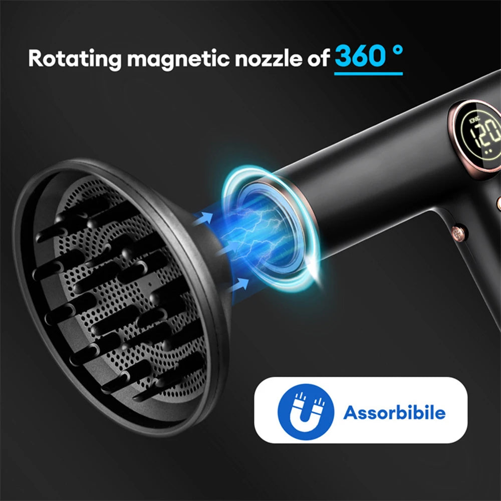 Black professional hair dryer with 360-degree magnetic diffuser nozzle and digital display for salon-quality styling.