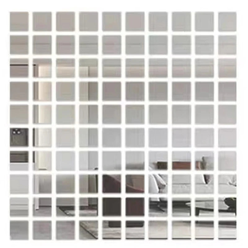 Silver-toned 3D mosaic mirror wall sticker tiles sheet with small square decal grid