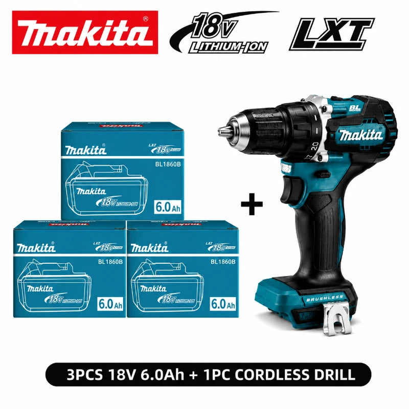 Makita 18V LXT Brushless Cordless Drill DDF487 + BL1860B BL1840 6.0Ah Battery Pack OEM Original High Torque Power Tool Set EU Warehouse Fast Shipping