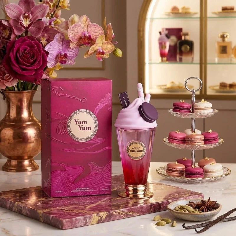 Armaf Yum Yum 100ml EDP: Women’s sweet fruity floral fragrance in a unique dessert-themed bottle with cupcake topper.