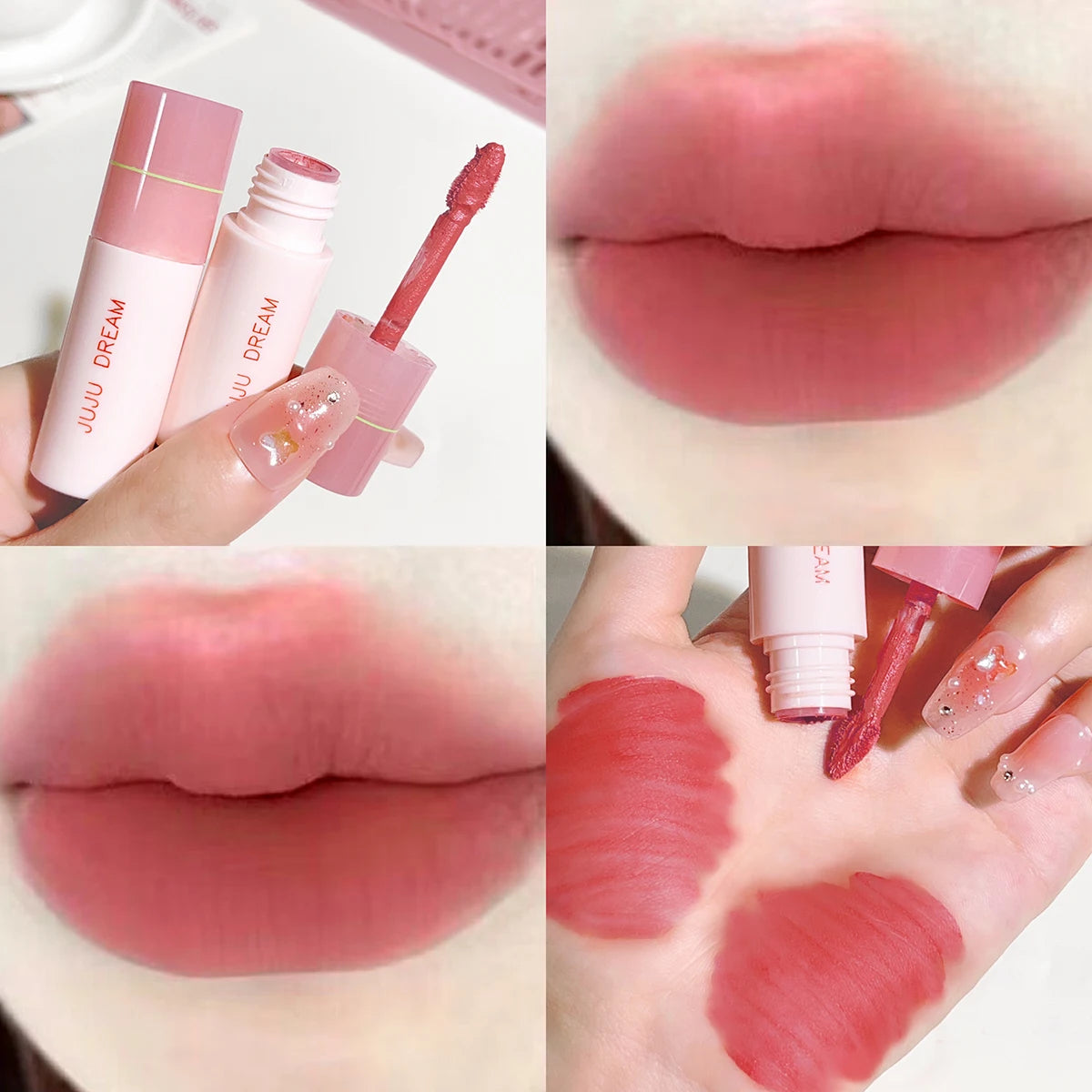JUJU DREAM matte lip glaze with velvet texture, non-stick cup formula, and soft pink swatch on lips and hand.