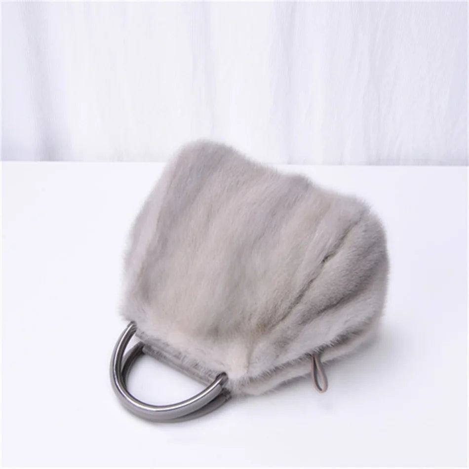 Women's Mink Fur Handbag 2026 New Fashion Designer Fluffy Fur Wrist Bag Large Capacity Soft Shopping Bag Girl Cute Handbag