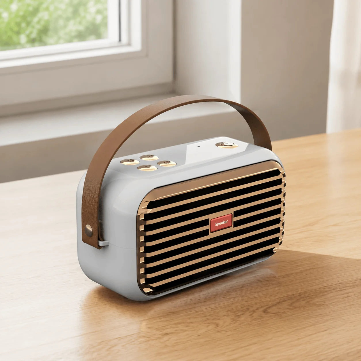 White portable Bluetooth speaker with carry handle and front speaker grille.