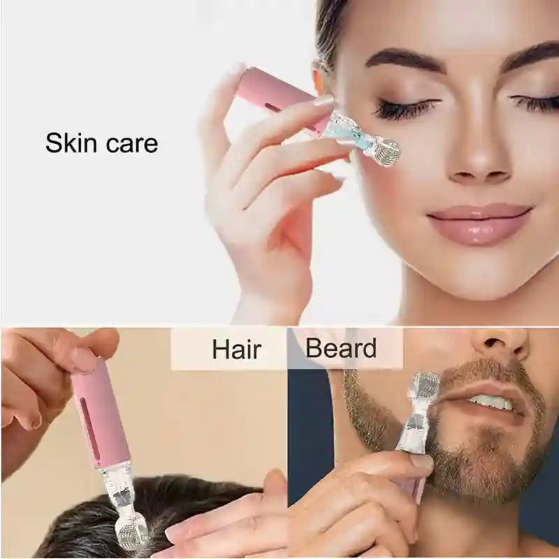 Pink derma roller with micro-needles, shown being used on facial skin, hair, and beard for skincare and growth.