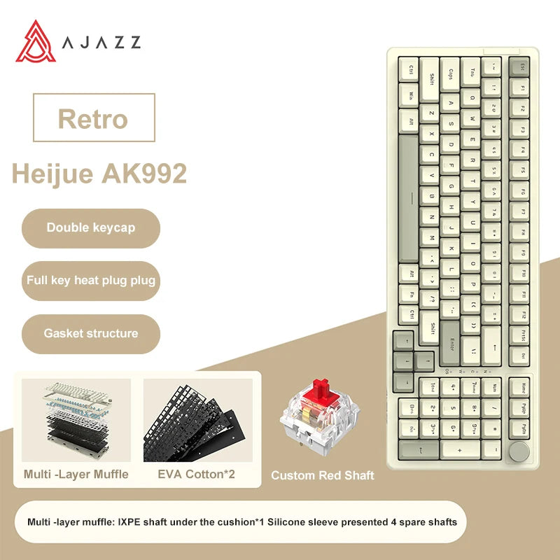 AK992 Retro Wired Mechanical Keyboard 100% 98-Key Full Layout Hot-Swap USB Gaming Keyboard Multimedia Key Knob, Blue Backlight