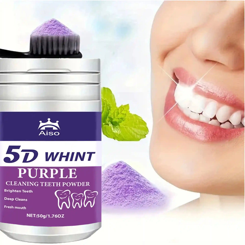 Tidesmit 5D purple teeth whitening powder for effective stain removal and fresh breath for travel.
