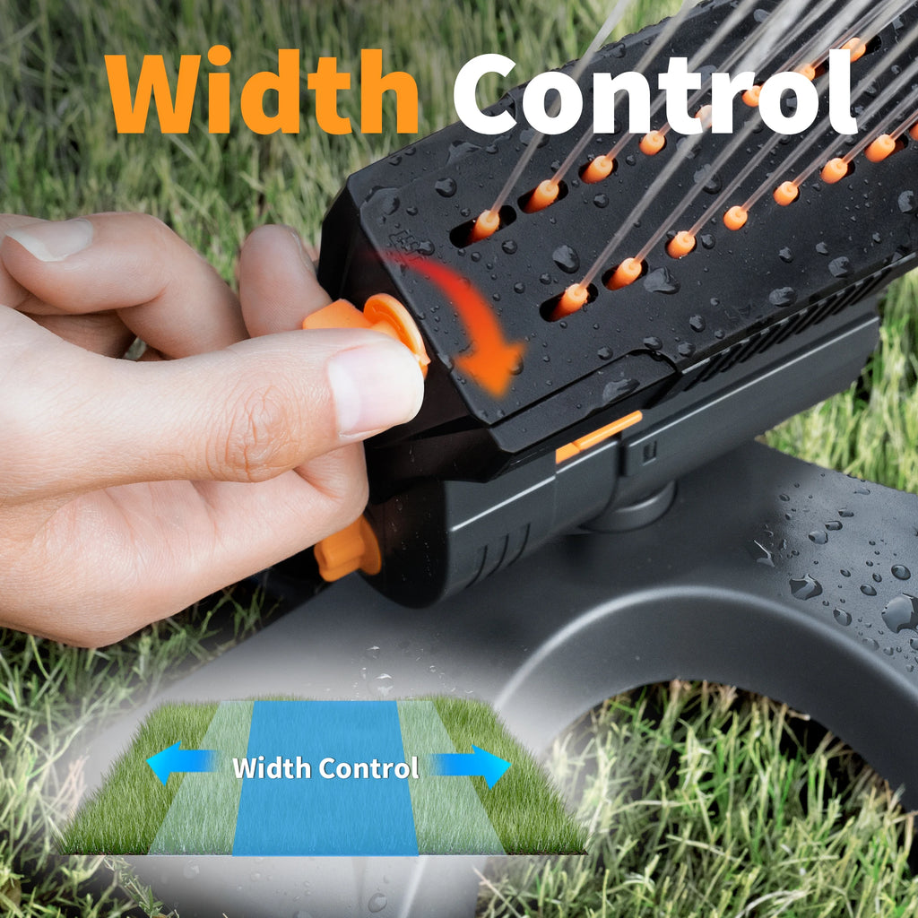 Oscillating water sprinkler width control lever on black side panel, orange slider