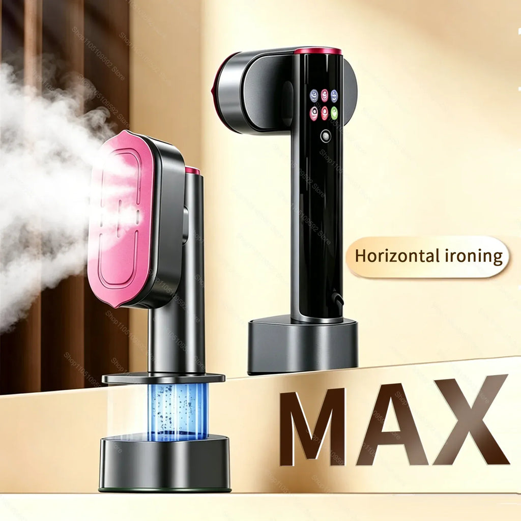 Handheld garment steamer releasing steam for clothes, featuring a compact black and pink design with a visible water tank.
