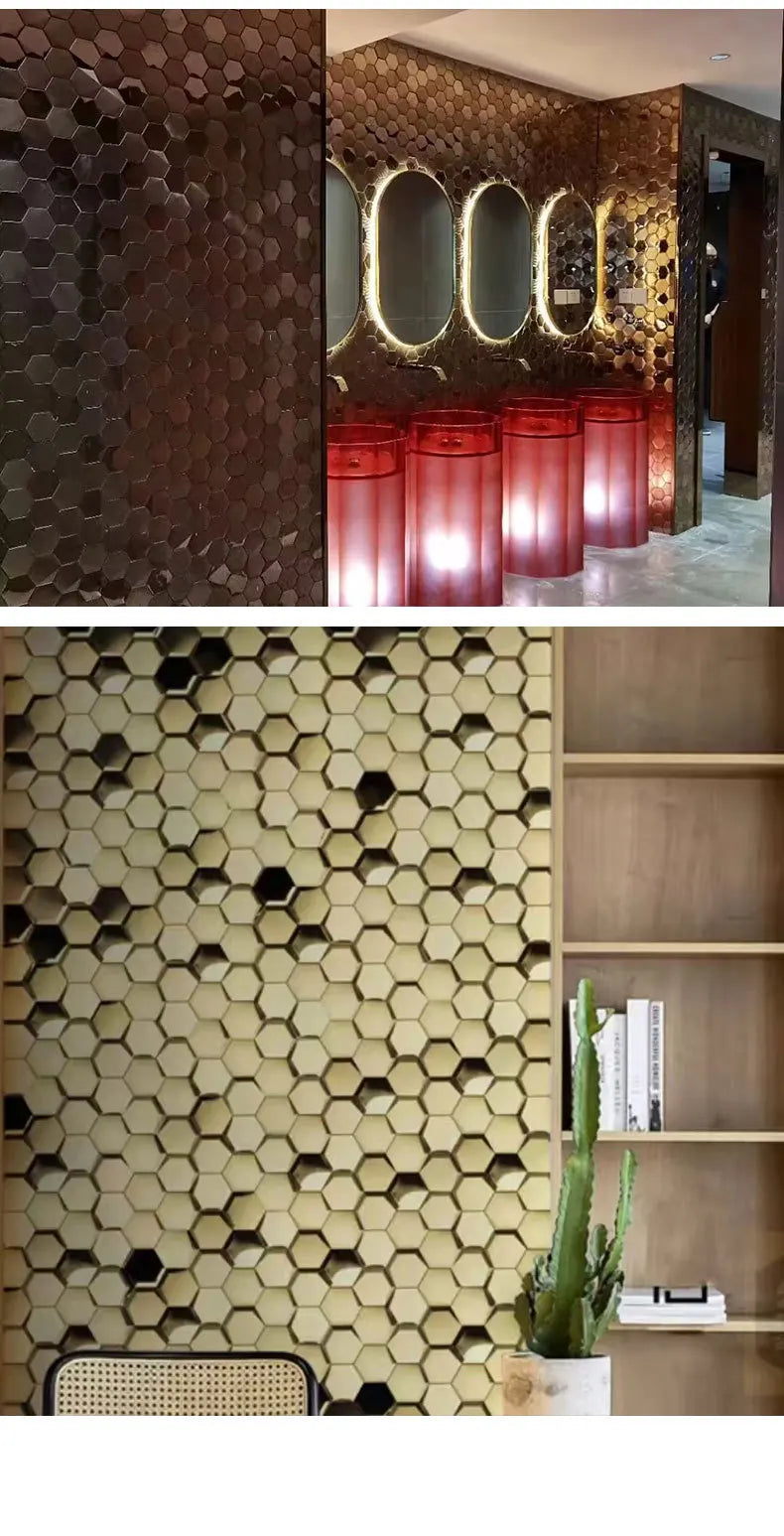 Hexagon Self-Adhesive Metal Mosaic Tiles, 3D Stainless Steel Look Aluminum Plastic Panel, Peel and Stick for Living Dining