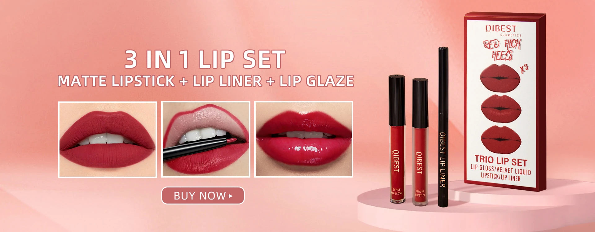 Qibest 3-in-1 waterproof matte liquid lipstick, lip liner, and velvet lip gloss makeup set in sexy red.
